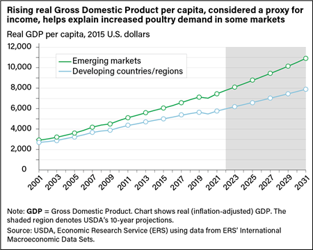 Line chart showing the rise in Gross Domestic Product per capita in emerging markets and developing countries and regions from 2001 to 21 and projected through 2031.