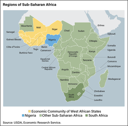 Map of Africa showing the Nations of the Sub-Saharan Africa region.