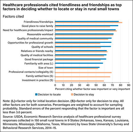 Horizontal bar chart ranking community factors in healthcare professionals’ decisions to locate and stay in rural small towns.