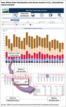 Graphic illustrating the functionality of the USDA, Economic Research Service’s Wheat Data Visualization Tool.