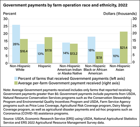 Bar chart showing Government payments by farm operation race and ethnicity, as a percent of farms that received Government payments and average per-farm Government payment received, in 2022.