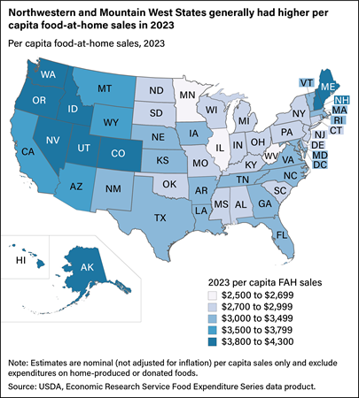 U.S. map showing per capita food-at-home sales by State in 2023.