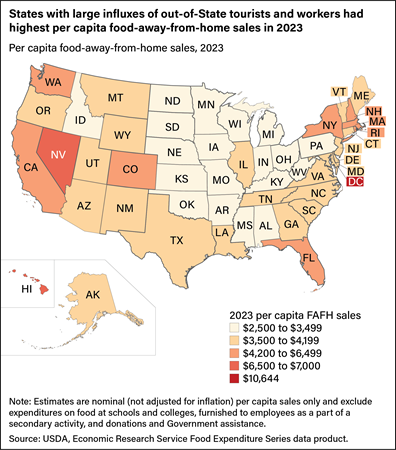 U.S. map showing per capita food-away-from-home sales by State in 2023.