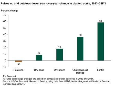 Bar chart of Pulses and potatoes for percent change in planted acres year over year