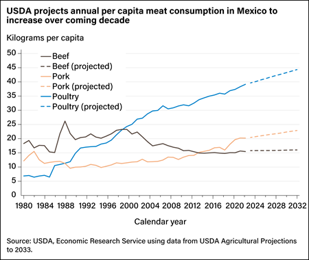 Line chart showing kilograms per capita of beef, pork, and poultry consumed and projected to be consumed in Mexico from 1980 to 2032.