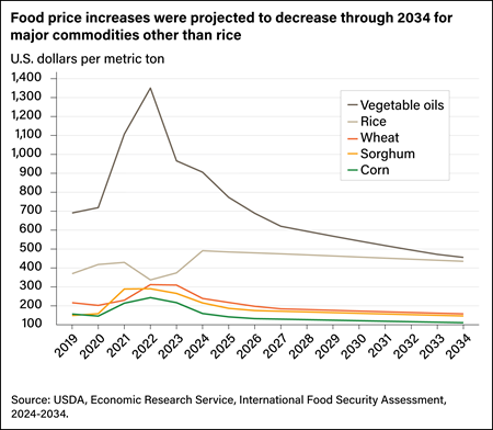 Line chart showing prices in U.S. dollars per metric ton for vegetable oils, rice, wheat, sorghum, and corn from 2019 projected through 2034.