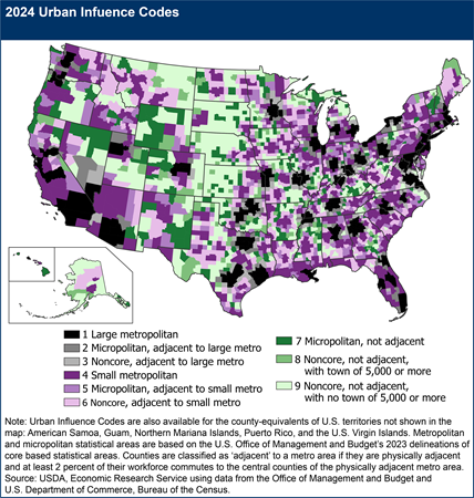 A map shows U.S. counties by their urban influence code in 2024.