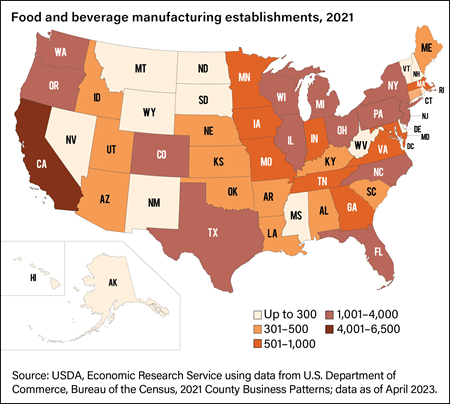 Map of U.S. food and beverage manufacturing establishments, 2021