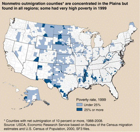 Nonmetro outmigration counties are concentrated in the Plains but found in all regions; some had very high poverty in 1999