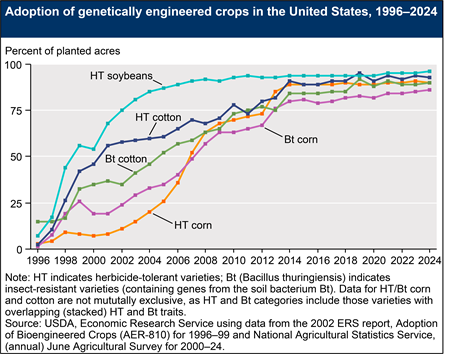 A line chart shows the adoption of genetically engineered corn, cotton, and soybeans from their introduction in 1996 to 2024.