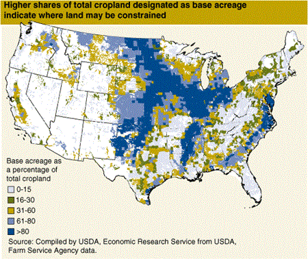 Higher shares of total cropland designated as base acreage indicate where land may be constrained