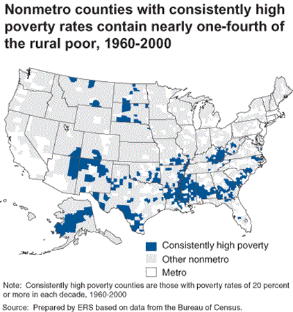 Nonmetro counties with consistently high poverty rates contain nearly one-fourth of the rural poor, 1960-2000