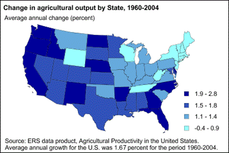 Change in agricultural output by State, 1960-2004