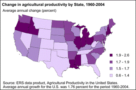 Change in agricultural productivity by State, 1960-2004