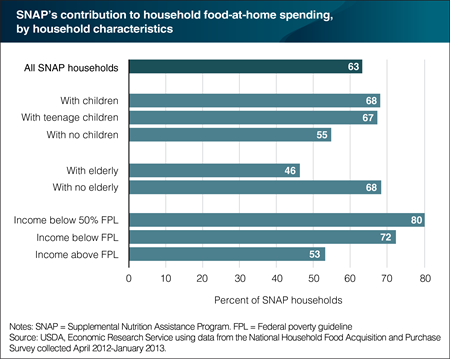 A bar chart showing SNAP’s contribution to household food-at-home spending, by household characteristics.