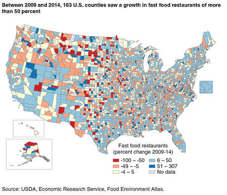 A map showing the percent change between 2009 and 2014 in the number of fast food restaurants by U.S. counties.