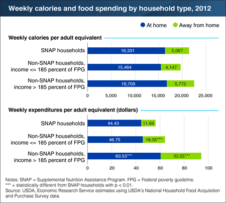 A bar chart showing weekly calories and food spending by household type, 2012.