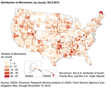 A map showing the distribution of USDA Direct Operating Microloans by county, 2013-2015.