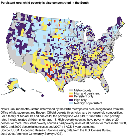 A map shows that persistent child poverty was also concentrated in the rural South, 2012-16.