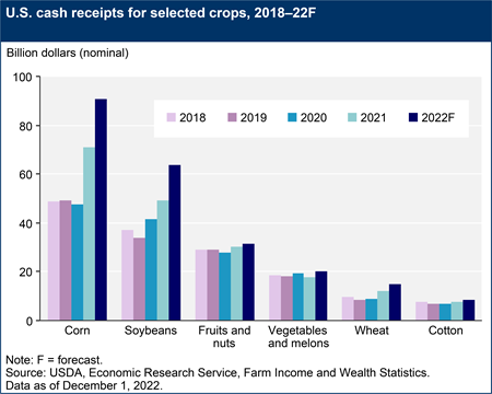 U.S. cash receipts for selected crops, 2018–22F
