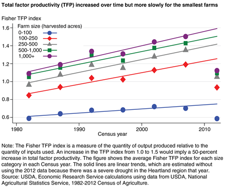 A chart shows that total factor productivity (TFP) increased over time but more slowly for the smallest farms in the Heartland region.