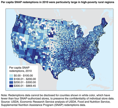 A U.S. map shows that per capita SNAP redemptions in 2010 were particularly large in high-poverty rural areas in Appalachia, the Mississippi Delta, the Southeast, and parts of the Southwest and Northwest.