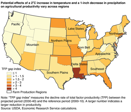 A map shows that the potential effects of a 2⁰C increase in temperature and a 1-inch decrease in precipitation on agricultural productivity vary across regions.