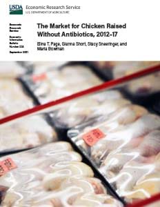 This is the cover image for the The Market for Chicken Raised Without Antibiotics, 2012-17 report.