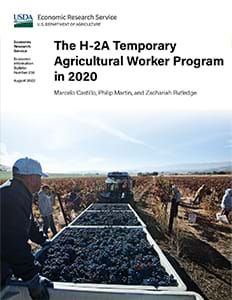 This is the cover image for the The H-2A Temporary Agricultural Worker Program in 2020 report.