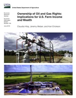 Photos of an oil wellhead in a field and an aerial view of a drilling rig.