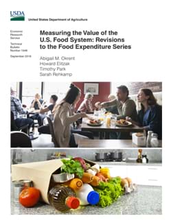 Cover of the report with two photos on it: a family having dinner at a restaurant and a grocery bag on kitchen counter